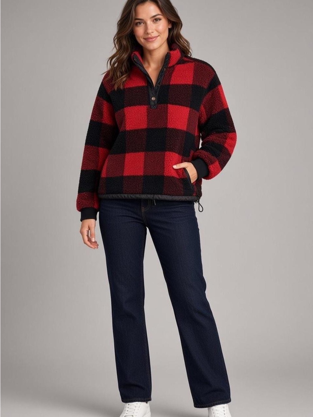 American Eagle Red Black Buffalo Plaid Sherpa Fleece Pullover Size M